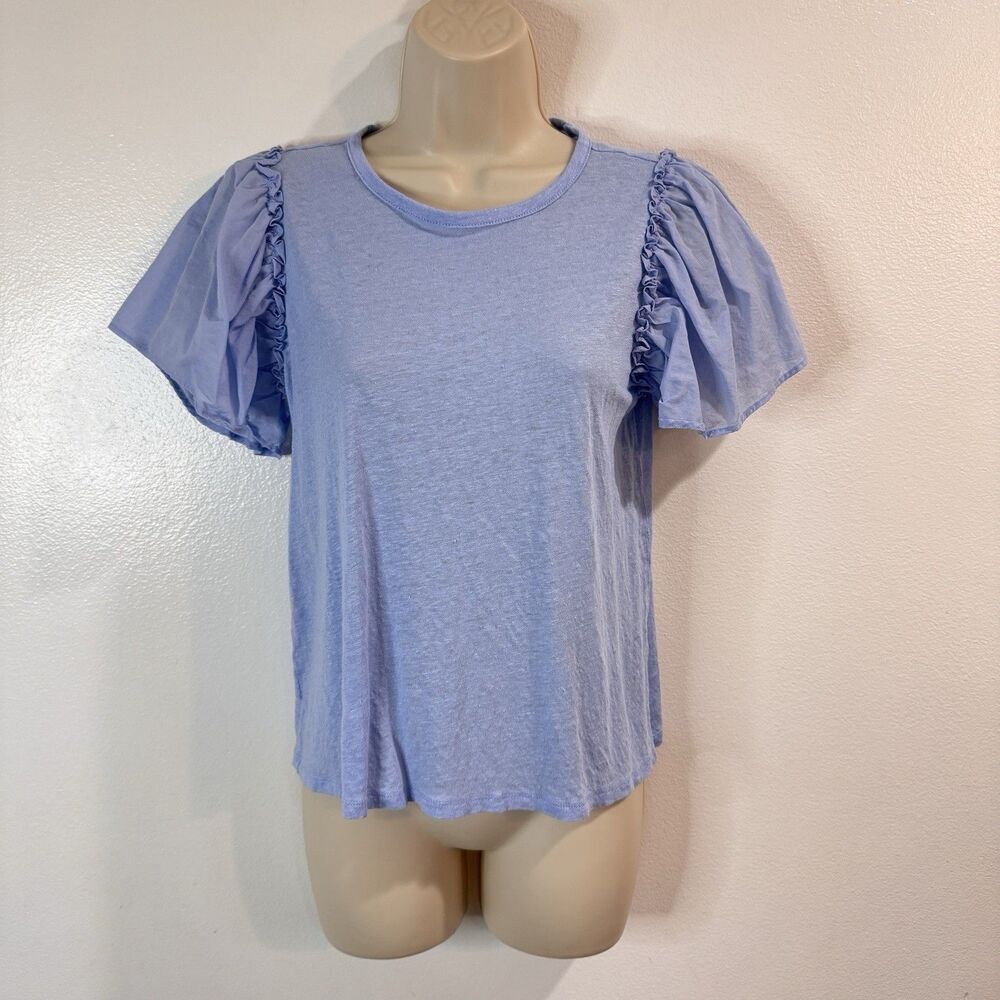 Ann Taylor LOFT T-shirt Blouse SP Petite 100% Linen Flutter Sleeve Light Blue